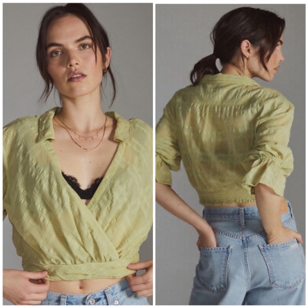 Anthropologie Banded Surplice V-Neck Breezy Top Green Size Small